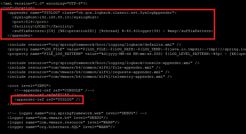 Example logback.xml for the cloud.service sending default logging to syslogd @ 192.168.88.10